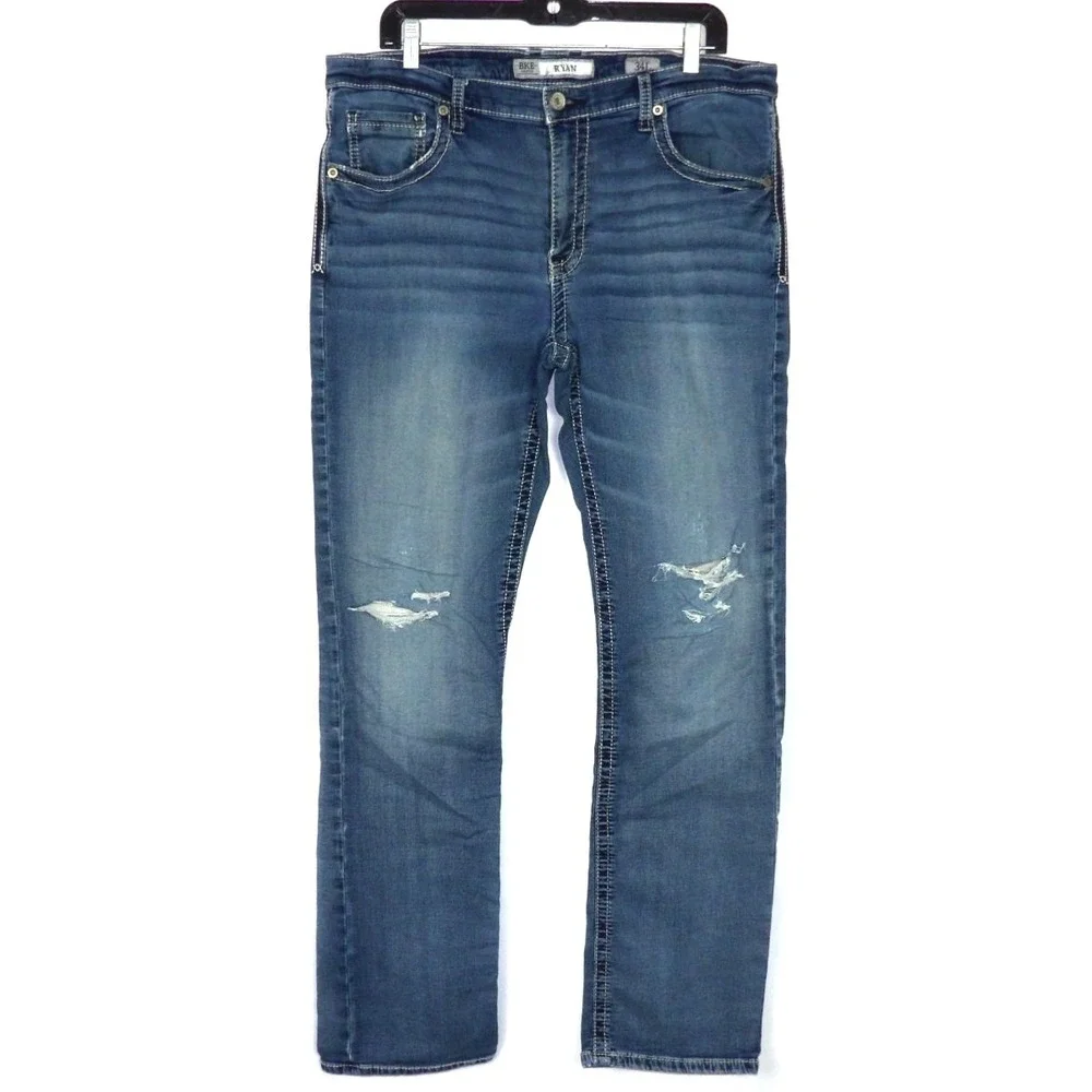 Buckle BKE Distressed Medium Wash RYAN Straight Leg Denim Jeans Men's 34 X 33